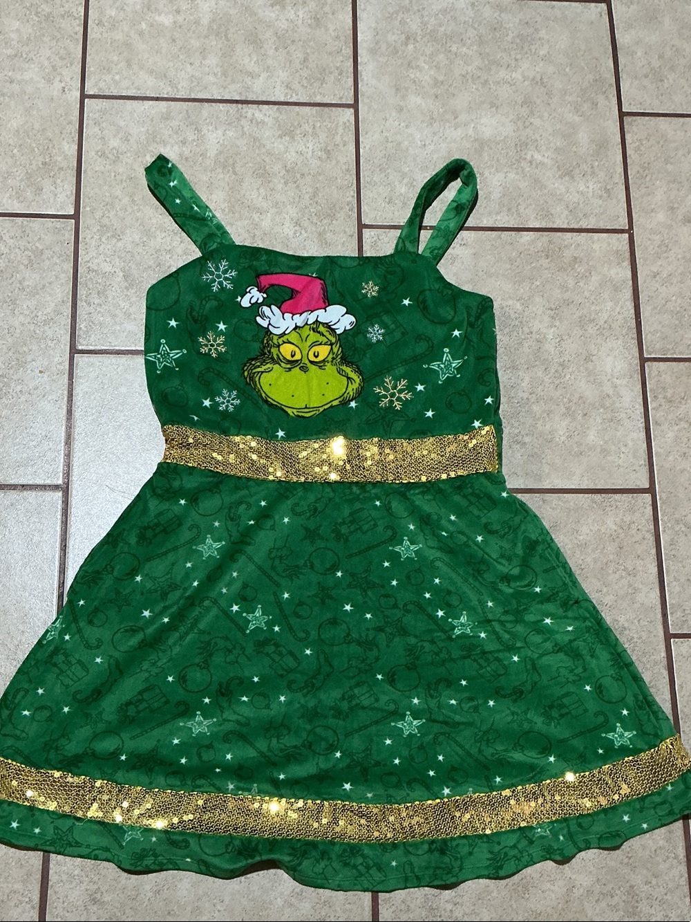 Darling Green Grinch Dress with Gold Sequin Trim